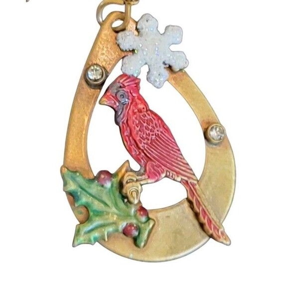 Red Cardinal Bird Christmas Winter Snowflake Holly Rhinestone Dangle Earrings - Picture 4 of 7